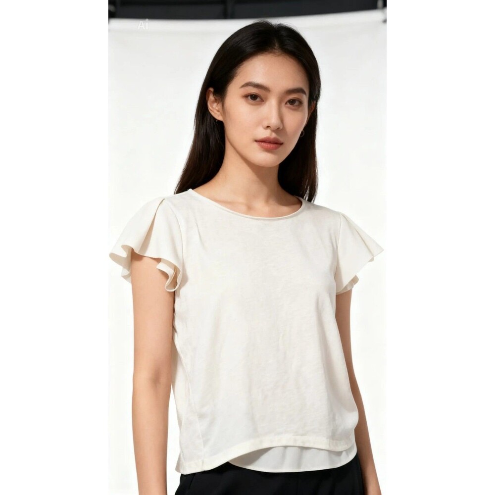 Talbots Womens Ivory Solid Flutter Sleeve Ruffle Round Neck Pullover Blouse S